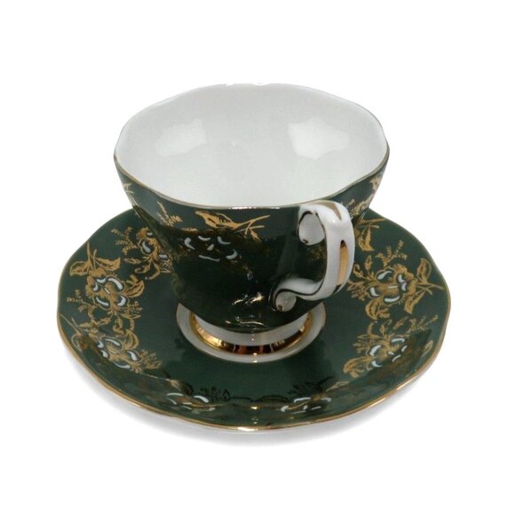 ROYAL GRAFTON Teacup and Saucer Set Elegant Green Gold Floral Vintage - Picture 4 of 12